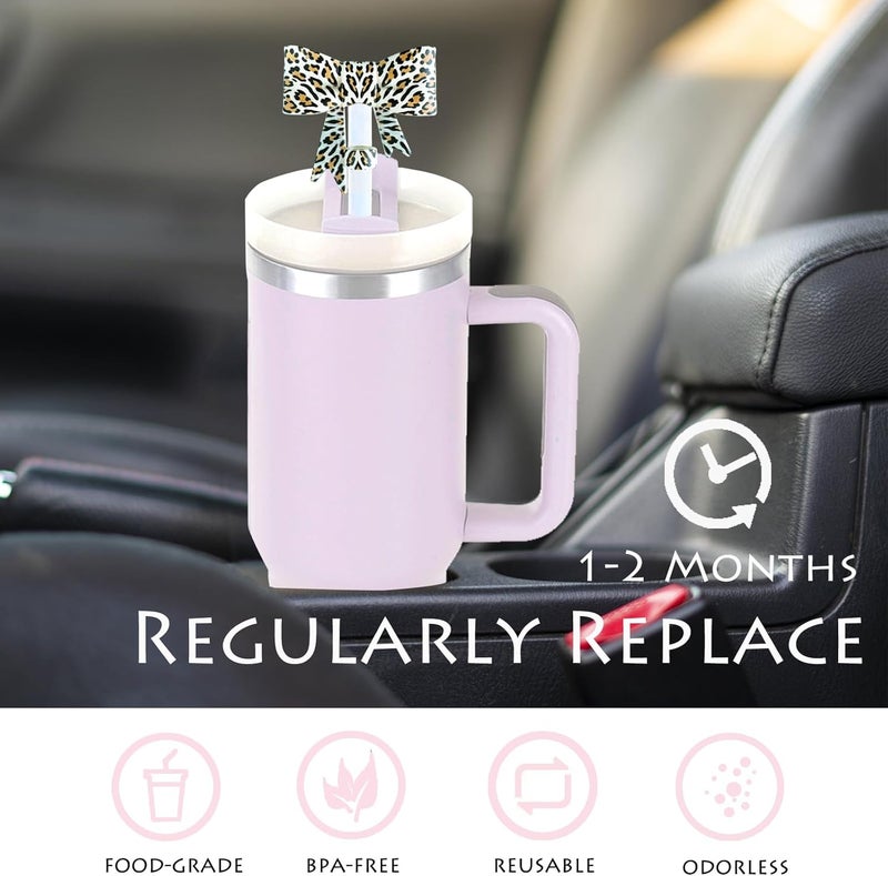 HIUSITY UV Leopard Print Bow Straw Cover Topper for Stanley Cup,Silicone Straw Toppers for Tumbler with Handle 40oz,Cute 10mm/0.4in Covers Cap,Reusable Straws Lid for Stanley Cups Accessories - Image 3
